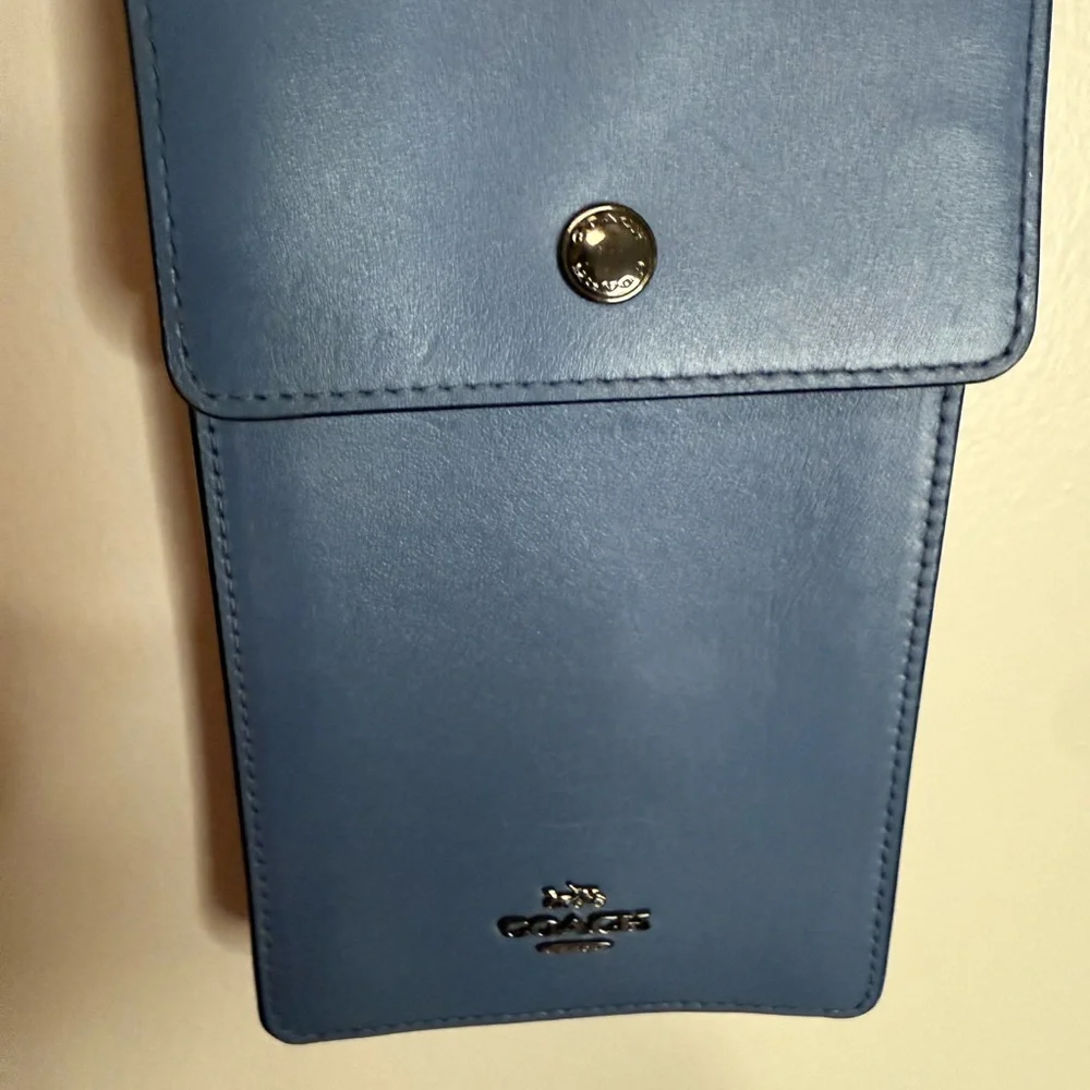 Coach Blue Leather Crossbody Phone Pouch with gunmetal gray Chain Strap